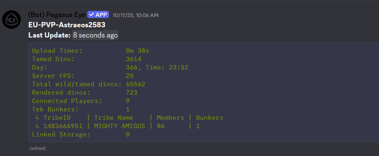 Server info with tamed dinos, FPS, tribes